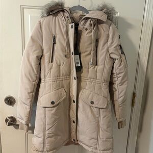 BCBGMaxAzaria Beige tan Parka Coat with Faux Fur Trim